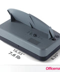 Electric Desktop 2 To 3 Hole Punch With 30 Sheet Capacity in gray and black finish, showing adjustable paper guide and dimensions.