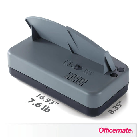 Electric Desktop 2 To 3 Hole Punch With 30 Sheet Capacity in gray and black finish, showing adjustable paper guide and dimensions.