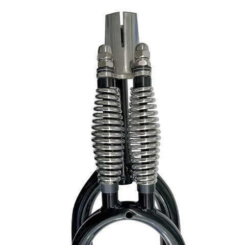 Close-up of 26 Inch Double Springer Suspension Fork for Cruiser and Chopper Bikes, black steel with silver springs, front view.