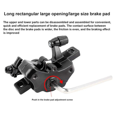 Heavy Duty Mechanical Disc Brake Kit For Mountain And Folding Bikes Featuring Rock Solid Aluminum Calipers close-up view showing large opening for brake pads.