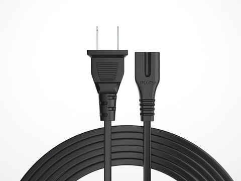 Close-up of 12 Ft 2 Prong Polarized Power Cord For LED TVs Sound Bars Cable Boxes Routers Sewing Machines And Other Home Electronics Gear Great Replacement For Your Favorite Devices, showing plugs.