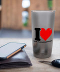 I Heart High Power Rocketry Stainless Steel Insulated Tumbler with clear slider lid, shown on a table with phone and keys.