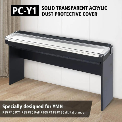 Clear Acrylic Dust Proof Protective Cover Lid For Yamaha P Series Digital Pianos shown on wooden stand in living room