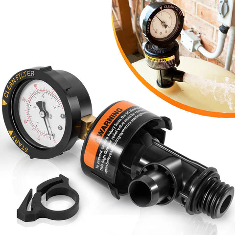 Front view: Amazon sixcow high-flow manual relief valve with pressure gauge for pool and spa filter, black body.