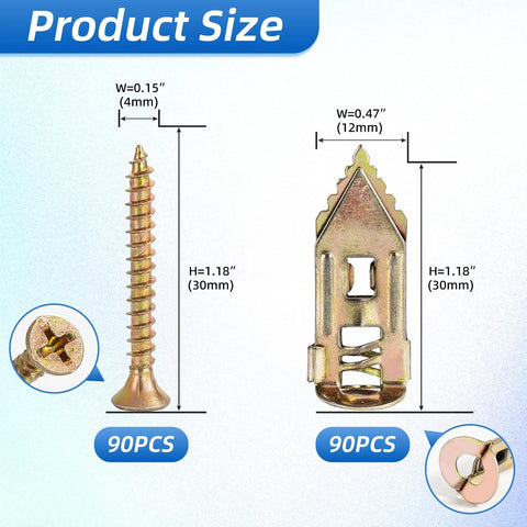 180 Piece Self Drilling Drywall Anchors Kit With 90 Metal Winged Zinc Plated Anchors And 90 Screws For Sheetrock Gypsum