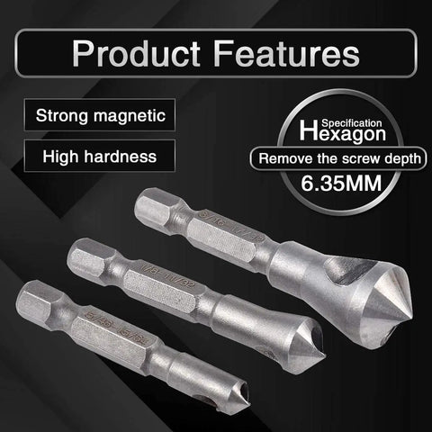 3-Piece Countersink And Deburring Tool Set With 90 Degree Center Punch For Chamfering Metal And Wood Pro Grade 1/4 Inch Hex Shank