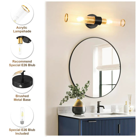 Battery Operated Wall Sconces Set Of 2 With Dimmable Remote, Rechargeable 20 Inch Modern Wireless Wall Lamps In Black Gold Finish With Glass Shade above bathroom mirror