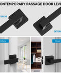 Matte Black Door Lever Set Heavy Duty Reversible Square Handle for Passage Doors Interior Exterior Views