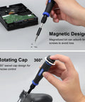 153 In 1 Magnetic Pro Grade Precision Screwdriver Set used on hard drive and game controller, showcasing magnetic design and swivel cap.
