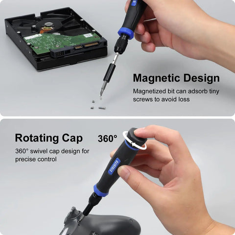 153 In 1 Magnetic Pro Grade Precision Screwdriver Set used on hard drive and game controller, showcasing magnetic design and swivel cap.