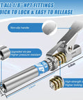 Grease Gun Coupler With Extended Reach And 12000 PSI Beefy Lock For Hard To Reach Fittings, metal spring mechanism close-up