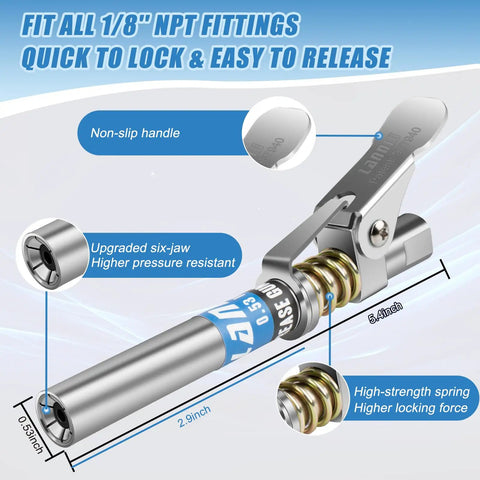 Grease Gun Coupler With Extended Reach And 12000 PSI Beefy Lock For Hard To Reach Fittings, metal spring mechanism close-up