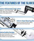 Heavy Duty Soft Close Drawer Slides Full Extension Side Mount Runners With Drop Dead Quiet Damping For Wood Cabinetry showing steel bearing balls and dimensions.