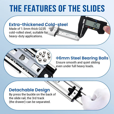 Heavy Duty Soft Close Drawer Slides Full Extension Side Mount Runners With Drop Dead Quiet Damping For Wood Cabinetry showing steel bearing balls and dimensions.
