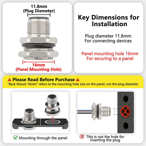 Dimensions and mounting guide for M12 4 Pin A Code Male Connector Cable 0.2M IP67 Waterproof Industrial Circular Connector