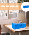 Heavy Duty Blue Metal Toolbox For Mechanics Portable Storage Case With Slick Organizer Layout on a table in a room.