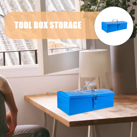 Heavy Duty Blue Metal Toolbox For Mechanics Portable Storage Case With Slick Organizer Layout on a table in a room.