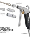 High Flow Air Blow Gun With Three Piece Pneumatic Nozzle Kit For Dust Debris And Wet Spills, Pro Grade Shop Essential For Any Air Compressor, Quarter Inch Fittings, Easy Clean Up