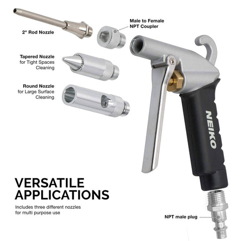 High Flow Air Blow Gun With Three Piece Pneumatic Nozzle Kit For Dust Debris And Wet Spills, Pro Grade Shop Essential For Any Air Compressor, Quarter Inch Fittings, Easy Clean Up