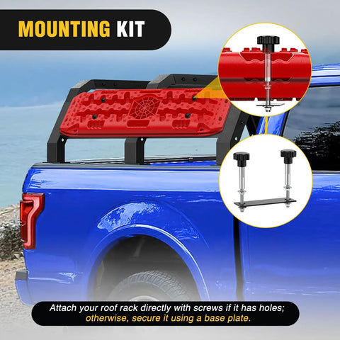 Heavy Duty Off Road Traction Boards With Jack Lift Base For Trucks SUVs Jeeps Tire Recovery Mats Mounted on Blue Truck