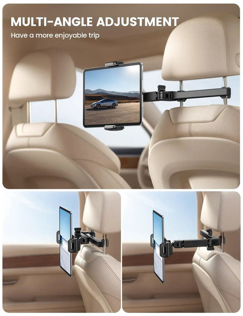 Multi-angle car backseat tablet mount with three-in-one extension arm for 4.7 to 11 inch tablets, easy to adjust.