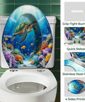 Elongated Resin Toilet Seat for Bathroom featuring colorful turtle and coral design, fits standard toilets with stainless steel hinges.