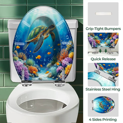 Elongated Resin Toilet Seat for Bathroom featuring colorful turtle and coral design, fits standard toilets with stainless steel hinges.