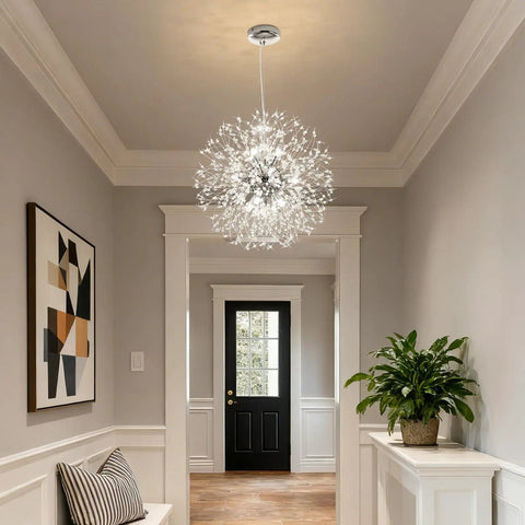 Sputnik Crystal Chandelier With Firework Chrome Finish, Dandelion Style Pendant Light Fixture, 9 Lights in elegant entryway