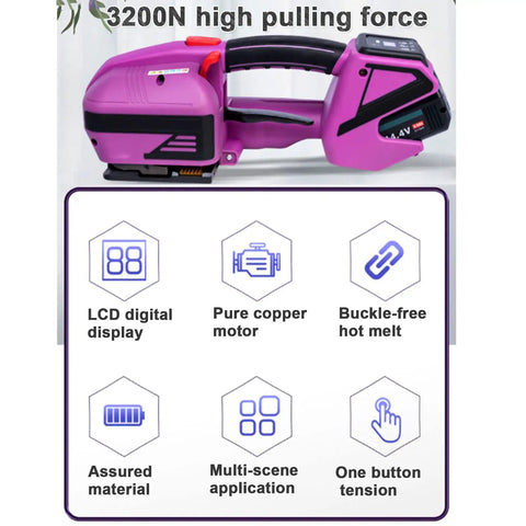 Rugged Electric Welding Strapping Machine Battery Powered Automatic Pet And Pp Strap Bundler showcasing features like LCD, copper motor, and one button tension.