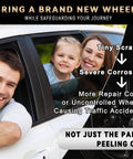 Family in car with text about wheel repair benefits, Matte Black Rim Touch Up Paint Pen For Wheels And Metal Quick And Easy Curb Rash Repair Universal Color Match For Flat Black Finish Long Lasting Wheel Repair Solution For Cars And More.