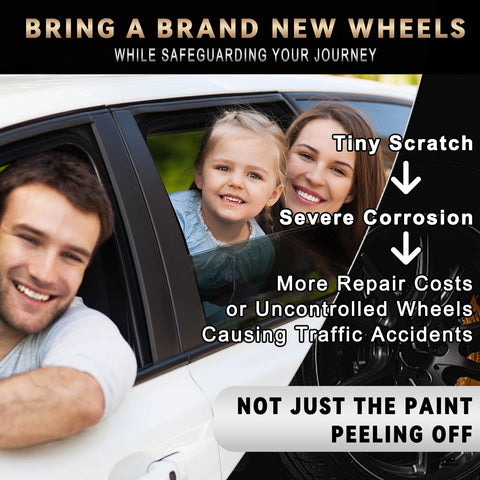 Family in car with text about wheel repair benefits, Matte Black Rim Touch Up Paint Pen For Wheels And Metal Quick And Easy Curb Rash Repair Universal Color Match For Flat Black Finish Long Lasting Wheel Repair Solution For Cars And More.