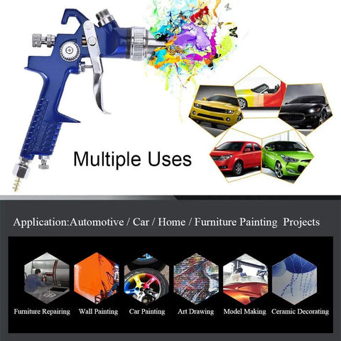 Hella Smooth Finish Guaranteed Dual Nozzle HVLP Gravity Feed Spray Gun Set With Locking Air Pressure Regulator Gauge showing multiple uses for automotive and furniture.