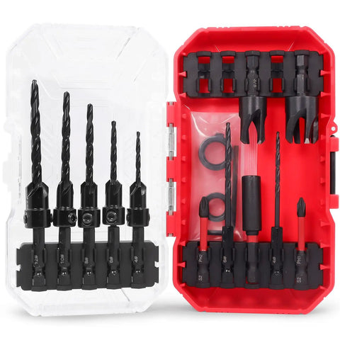 All In One Countersink Drill Bit Set For Woodworking With Quick Change 15 Piece Kit in red storage case, various bits visible
