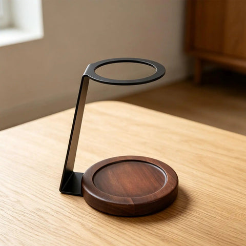 Kickstart Your Morning Routine With This Top Shelf Pour Over Coffee Dripper Stand, Smooth Operator Aluminum And Genuine Wood Filter Holder Rack, No Fuss Drip Brewing Station For Kitchen Counter on wooden table.