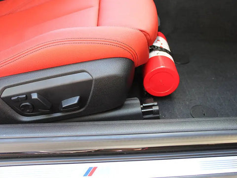 Adjustable Fire Extinguisher Bracket For Most Vehicles, Lets You Clamp Onto Seat Rails Or Bolt To Seat Mounts under red car seat