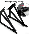 Heavy Duty Bench Seat Hinges With Spring Lift Up Mechanism For Storage Sofa Bed Ottoman Toy Box Chest And Furniture Storage Hardware In Black Steel Tough As Nails Build, close-up of spring mechanism.