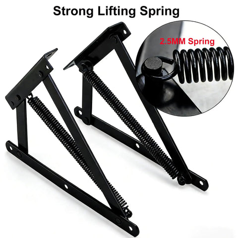 Heavy Duty Bench Seat Hinges With Spring Lift Up Mechanism For Storage Sofa Bed Ottoman Toy Box Chest And Furniture Storage Hardware In Black Steel Tough As Nails Build, close-up of spring mechanism.