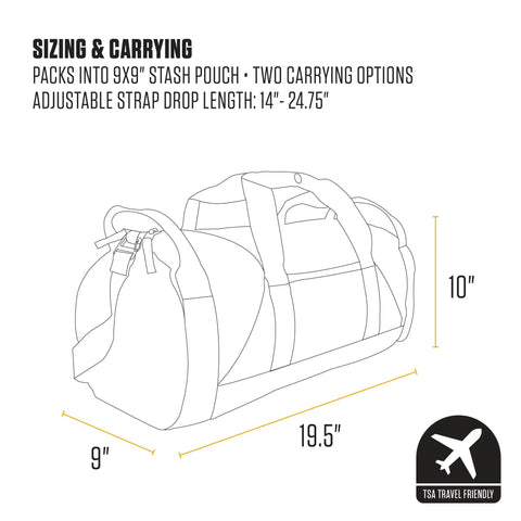 Diagram showing dimensions and features of Go-To Classic Round Duffel With Utility Pouch, Heavy Duty Water Resistant Packable Gear Bag, 25L.