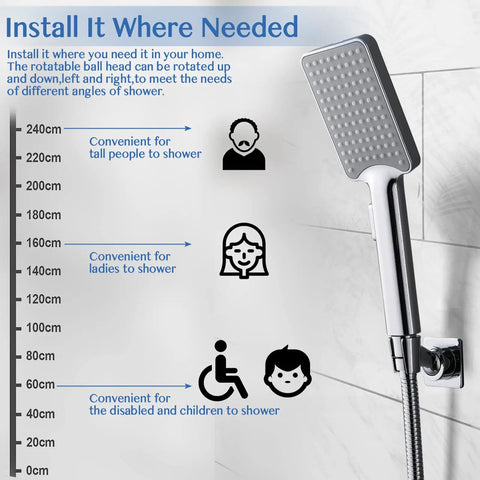 Adjustable Brass Shower Head Holder Bracket For Wall Mount 360 Degree Rotation No Drill Glue Install Polished Chrome Finish Solid Brass Construction Rustproof Heavy Duty Bathroom Upgrade in use diagram.