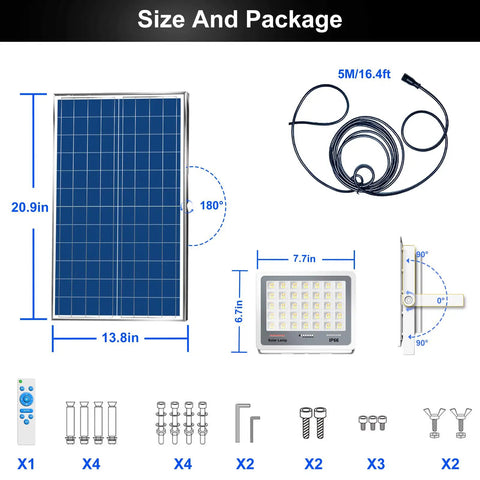 Diagram of Two Pack 300W Solar Flood Lights Outdoor With Remote showing dimensions and package contents