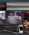 Collage of weldable aluminum, stainless steel, low-carbon steel, and copper materials with text 'wide range of applications.'