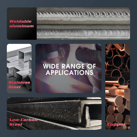 Collage of weldable aluminum, stainless steel, low-carbon steel, and copper materials with text 'wide range of applications.'