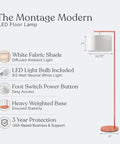 Montage Modern LED Floor Lamp for Living Rooms and Offices Tall Standing Corner Pole Lamp for Bedroom Reading in Rose Gold