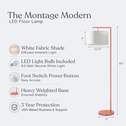 Montage Modern LED Floor Lamp for Living Rooms and Offices Tall Standing Corner Pole Lamp for Bedroom Reading in Rose Gold