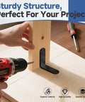 Heavy Duty L Bracket Corner Braces Kit With Matching Screws For Wood Furniture Frames showing black L bracket securing wood.