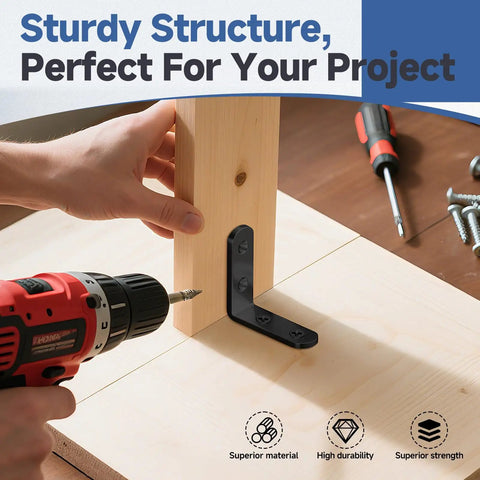 Heavy Duty L Bracket Corner Braces Kit With Matching Screws For Wood Furniture Frames showing black L bracket securing wood.