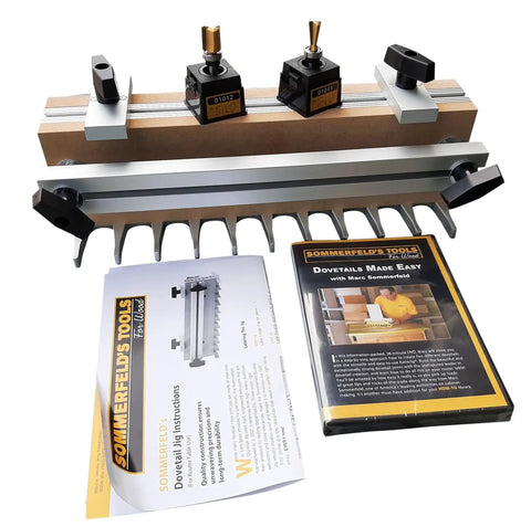 Pro Tier Preassembled Dovetail And Box Joint Router Table Jig Featuring Tough As Nails Hardware Precision Bits set with guide and instructions.