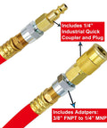 Close-up of Workhorse Heavy Duty 1/2 In X 50 Ft Hybrid Air Hose For Compressors with 3/8 and 1/4 inch fittings kit, red.