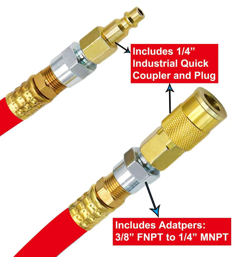 Close-up of Workhorse Heavy Duty 1/2 In X 50 Ft Hybrid Air Hose For Compressors with 3/8 and 1/4 inch fittings kit, red.