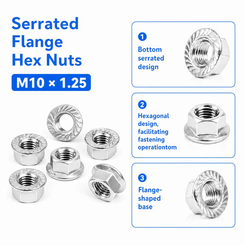 Top Shelf Hex Serrated Flange Lock Nuts 6 Pack M10 X 1.25mm Fine Pitch Metric Fasteners Built Tough From Knockout 304 Stainless Steel, showing hexagonal design and serrated edges.
